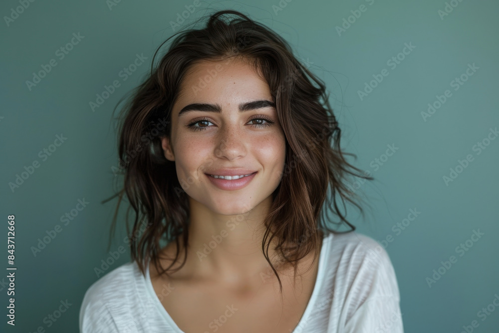 A close up portrait of a young woman with a subtle smile A close up portrait of a young woman with a subtle smile