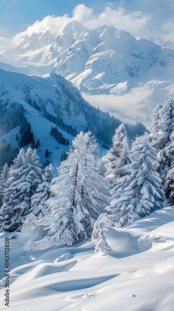 Obraz premium Snowy trees are covered in snow on a mountain slope, winter background 