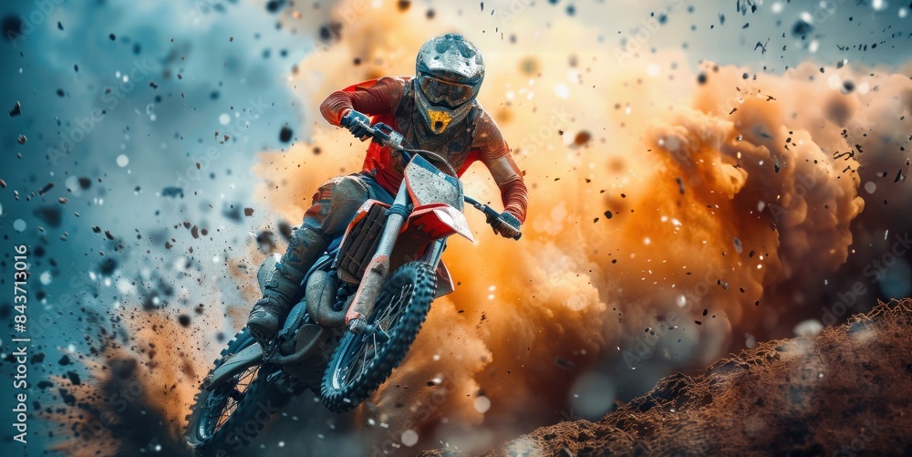 A man is riding a dirt bike in a stormy scene A man is riding a dirt bike in a stormy scene