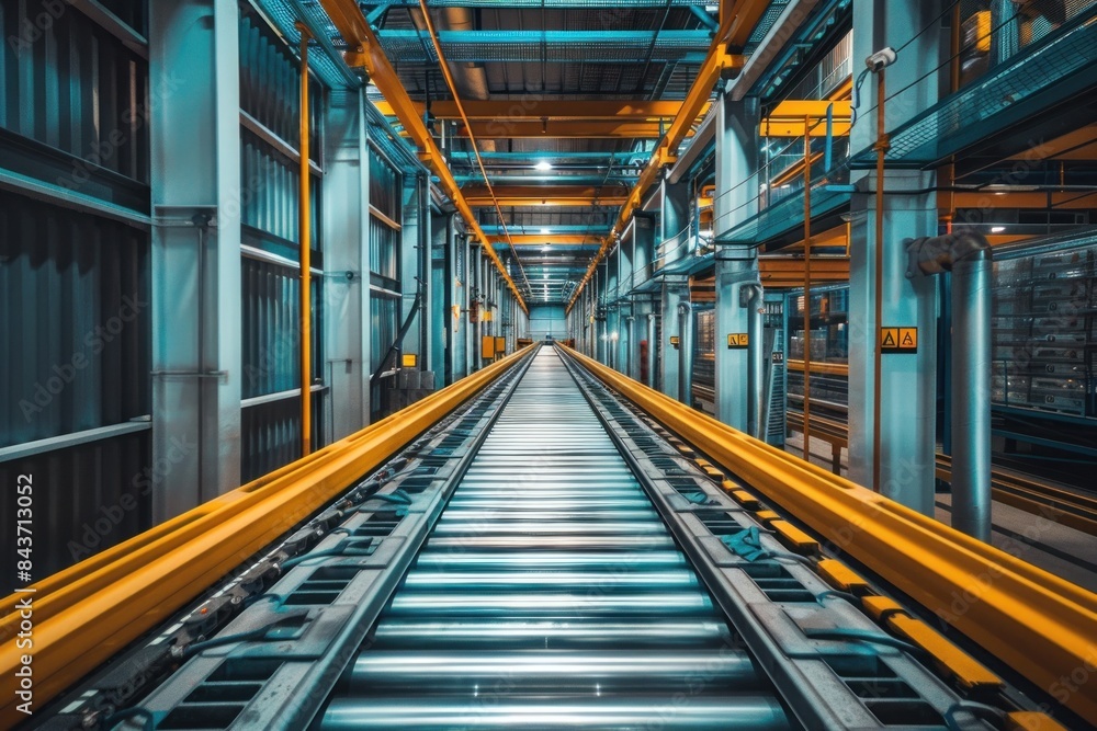 Fototapeta premium A long, empty train track with yellow and blue stripes
