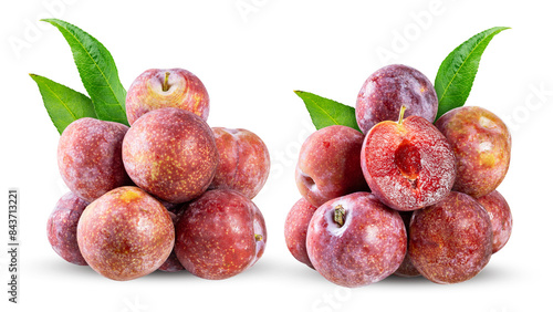 Two pile of red plum fruits with leaves isolated on white background