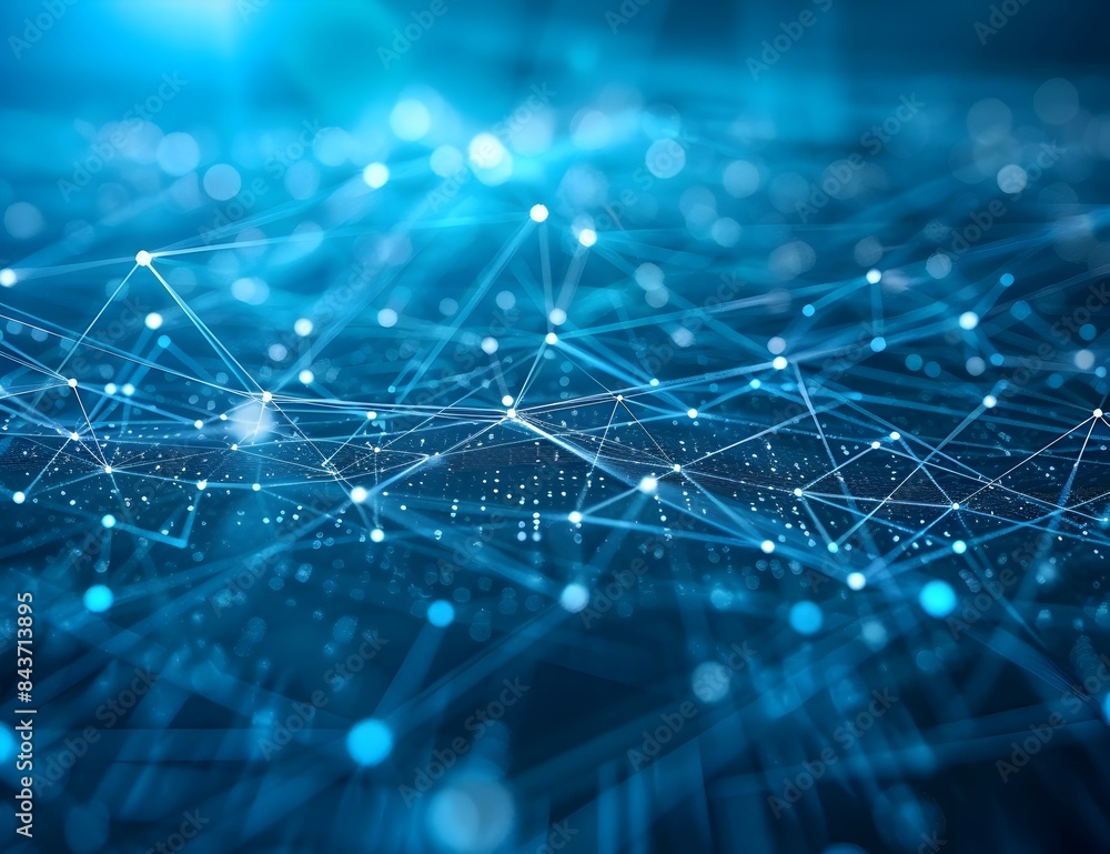 Abstract blue background with glowing connections and lines forming a network structure, in the style of technology concept
Abstract blue background with glowing connections and lines forming a network structure, in the style of technology concept