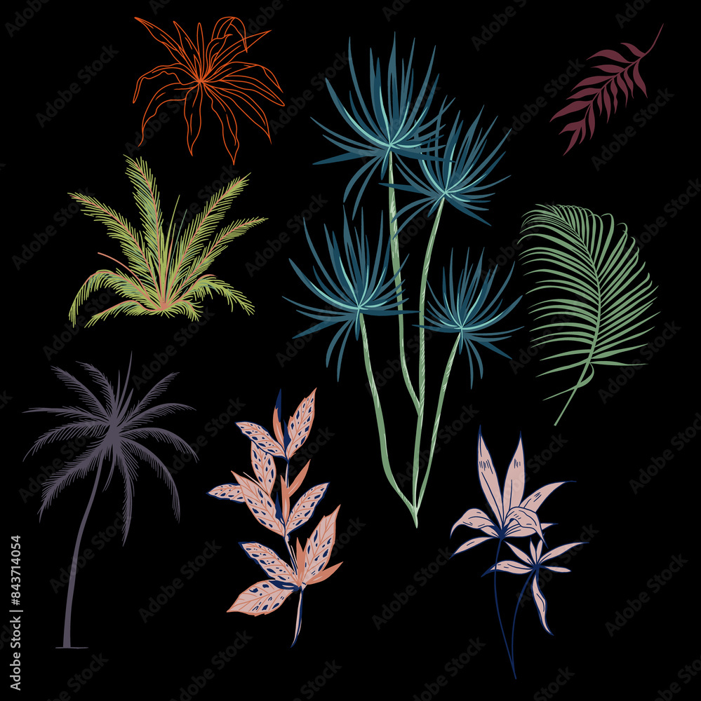 A Set Of Dark tropical forest night leaves and tress for design pattern for prints A Set Of Dark tropical forest night leaves and tress for design pattern for prints