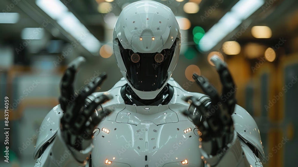 The Future Is Now: A Futuristic Robot Stands Ready in an Industrial Setting. Generative AI The Future Is Now: A Futuristic Robot Stands Ready in an Industrial Setting. Generative AI