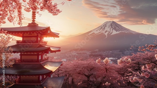 Beautiful sunrise over Mount Fuji with cherry blossoms in full bloom in Japan, showcasing stunning spring scenery.