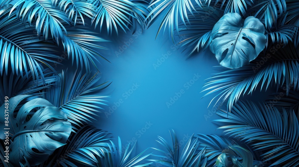 A Serene Embrace of Blue Palm Fronds and Monstera Leaves. Generative AI A Serene Embrace of Blue Palm Fronds and Monstera Leaves. Generative AI