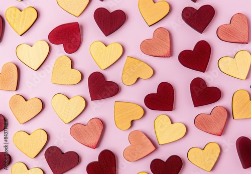 Colorful confetti falling on pink background with heart-shaped decorations. Romantic Valentine celebration with vibrant atmosphere. Perfect for love-related events, and cheerful holiday greetings
