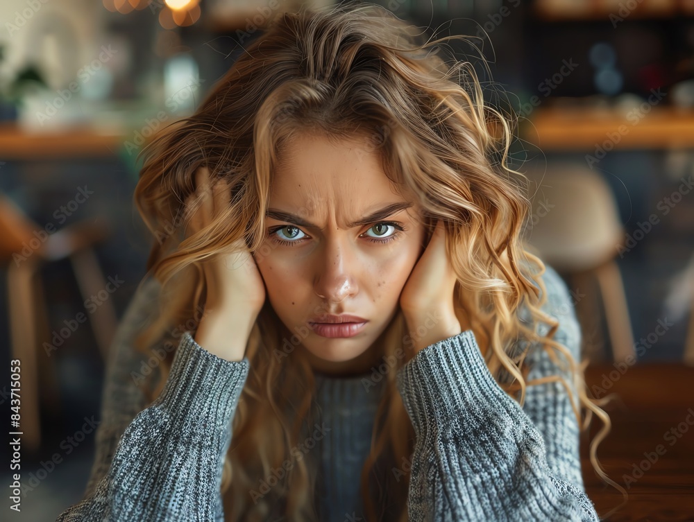 Young woman with curly hair looking stressed and frustrated. Young woman with curly hair looking stressed and frustrated.