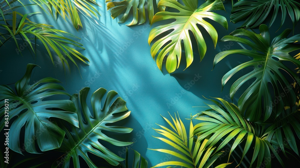 Fototapeta premium Lush Green Tropical Leaves Bathed in Sunlight on a Teal Background. Generative AI