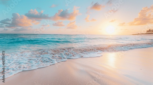 Beautiful sunrise over the sea waves and beach on tropical island beach