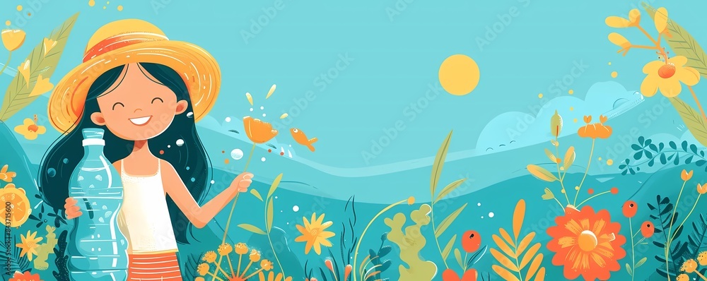 Flat design of stay hydrated in summer with coconut water, tropical setting, and hydration reminder Flat design of stay hydrated in summer with coconut water, tropical setting, and hydration reminder