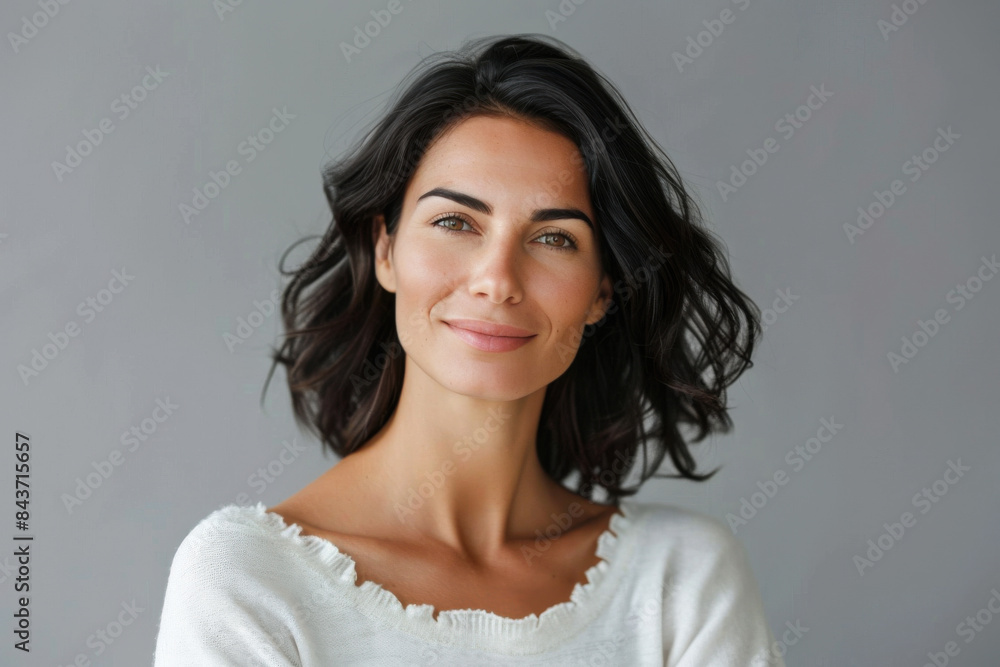 A close up portrait of a young woman with a subtle smile A close up portrait of a young woman with a subtle smile