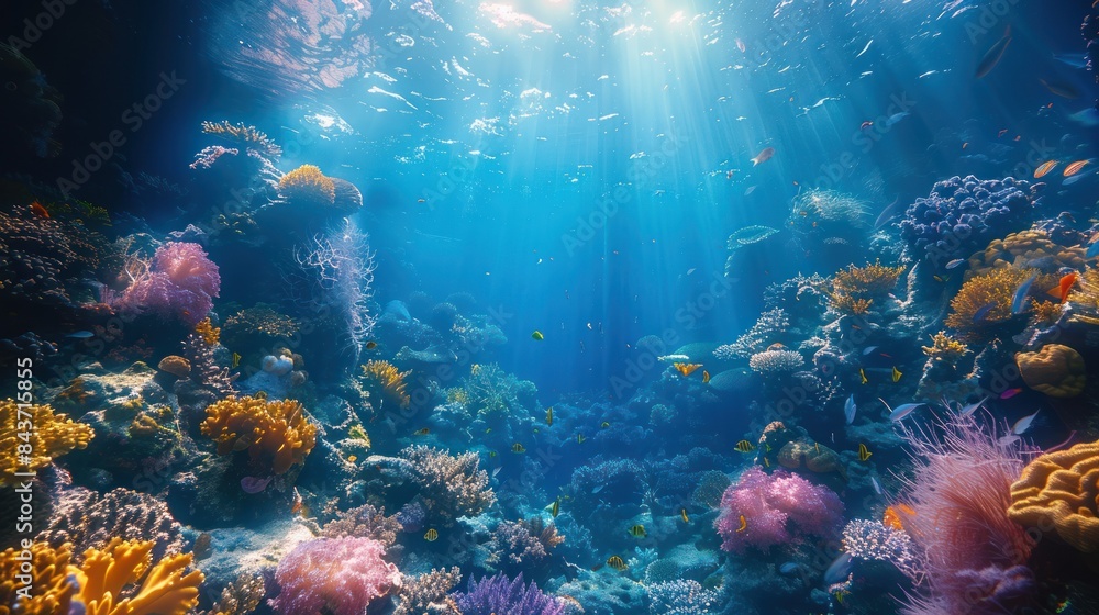 Fototapeta premium A Sunlit Moment in a Vibrant Underwater Coral Reef. Generative AI