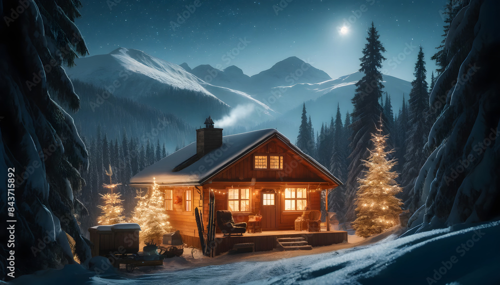 Fototapeta premium Cozy Mountain Cabin in Snowy Winter Wonderland at Night