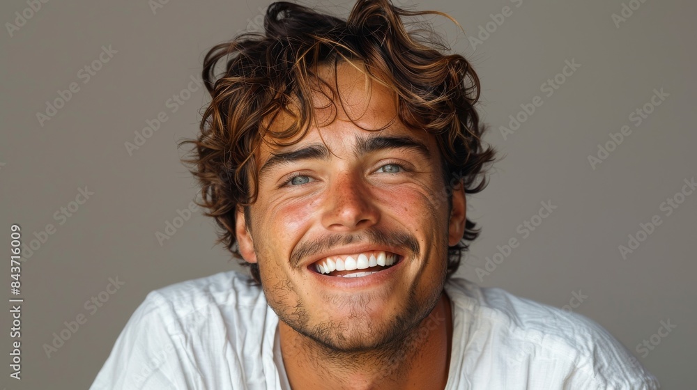 Charming young man with a warm smile and tousled hair in front of a modest background Charming young man with a warm smile and tousled hair in front of a modest background