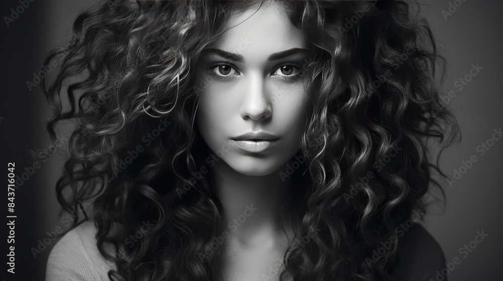A black and white portrait of a young woman with elegant curly hair, her gaze exuding a timeless beauty and sophistication. A black and white portrait of a young woman with elegant curly hair, her gaze exuding a timeless beauty and sophistication.