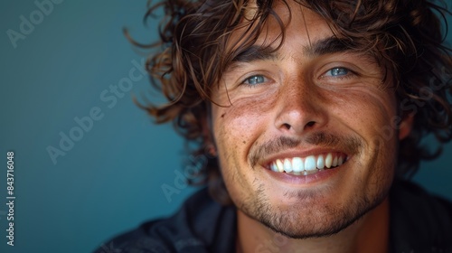 Detailed close-up of a smiling man with curly tousled hair and captivating blue eyes