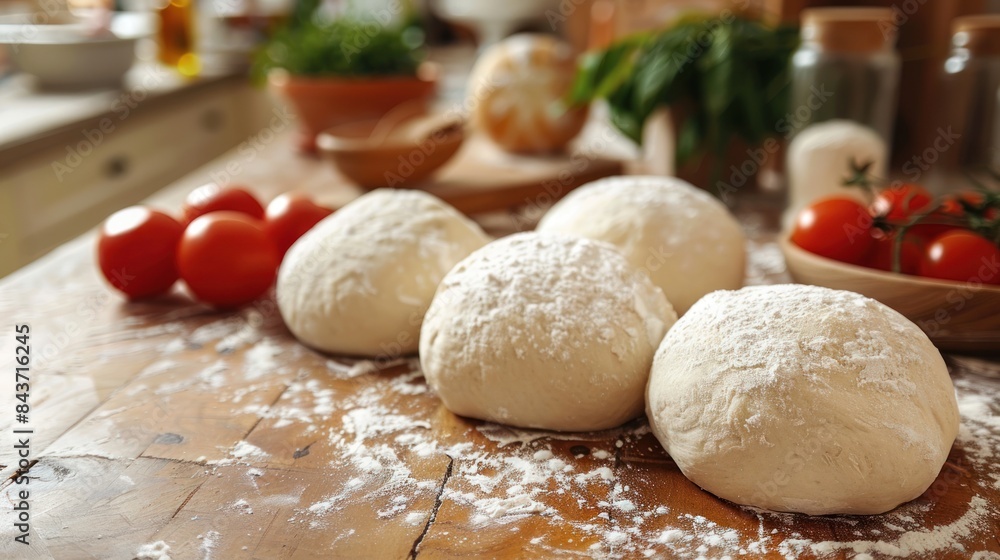 Freshly Made Pizza Dough Balls Ready For The Oven. Generative AI Freshly Made Pizza Dough Balls Ready For The Oven. Generative AI