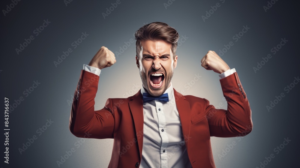 A businessman pumping his fist in the air, his expression filled with triumph and exhilaration. ,realistic photos isolated on clean background A businessman pumping his fist in the air, his expression filled with triumph and exhilaration. ,realistic photos isolated on clean background