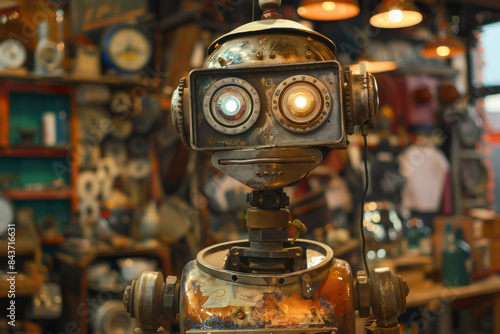 A robot with glowing eyes stands in a cluttered room