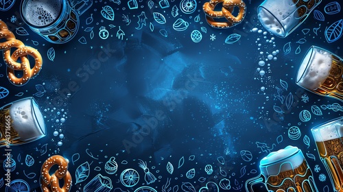 Flat lay of pretzels, beer, oranges and leaves on a blue background.