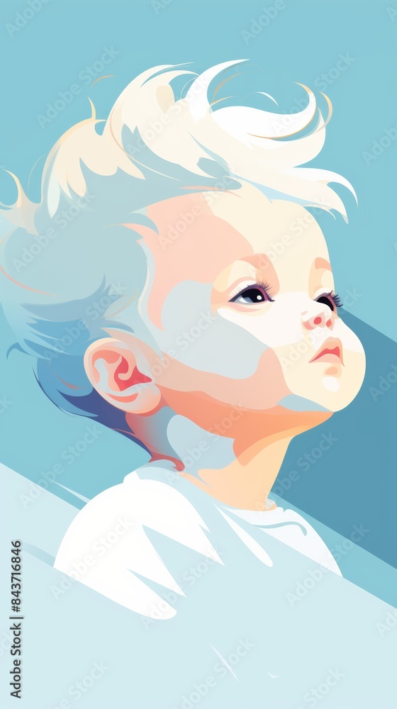 Digital painting of a child with white hair gazing upwards. Futuristic, vivid colors create an artistic, modern depiction of innocence.