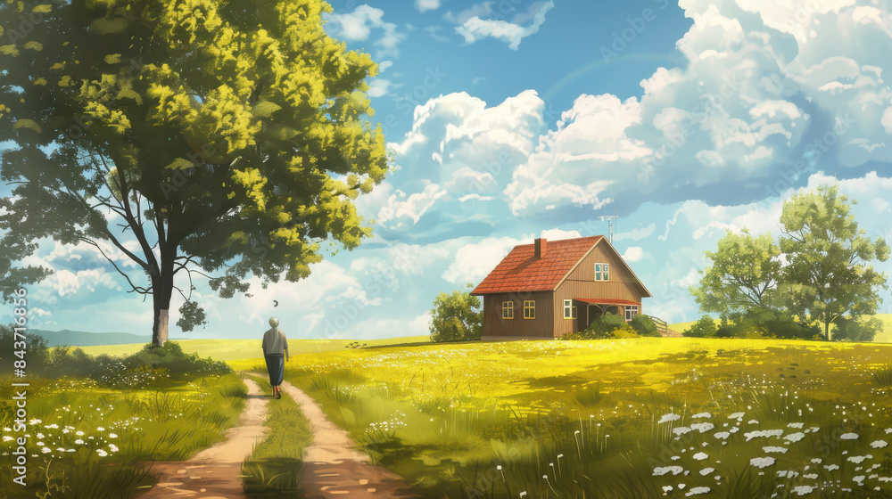 Obraz premium A man walks down a dirt road in front of a house