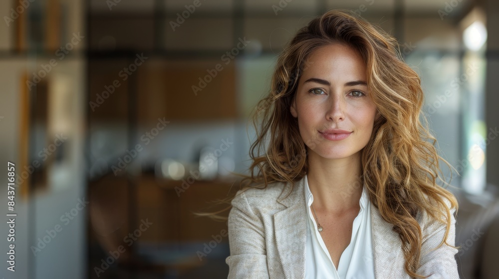 Confident woman with a bright smile and casual elegance in a modern office space, looking directly at the camera Confident woman with a bright smile and casual elegance in a modern office space, looking directly at the camera