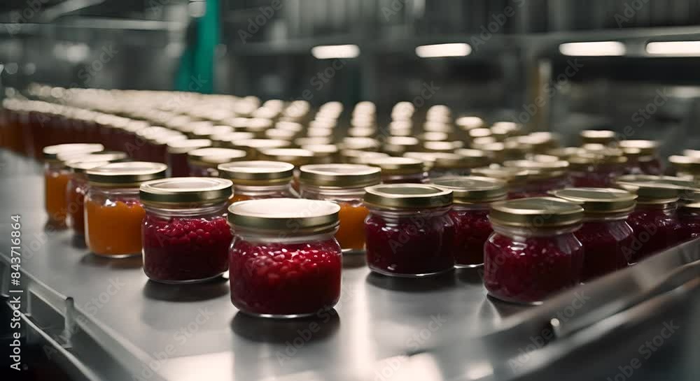 Glass jars with jam on the conveyor belt at the factory. Glass jars with jam on the conveyor belt at the factory.