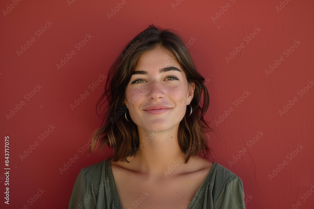 A close up portrait of a young woman with a subtle smile A close up portrait of a young woman with a subtle smile