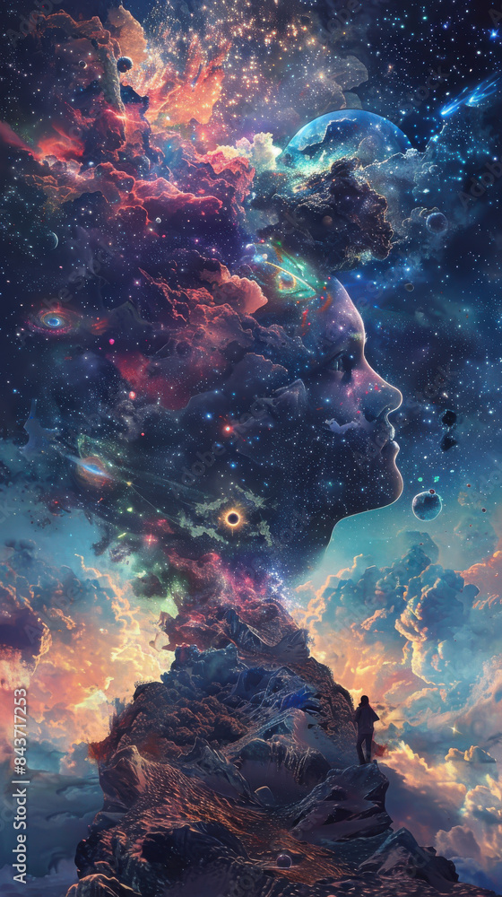 A colorful painting of a person's face with a mountain in the background A colorful painting of a person's face with a mountain in the background