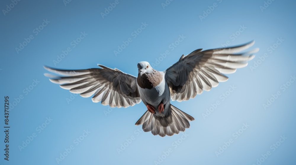 Obraz premium A captivating photo of a pigeon in flight, its wings outstretched and feathers ruffled by the wind, captured in a dynamic pose against a clear blue sky.
