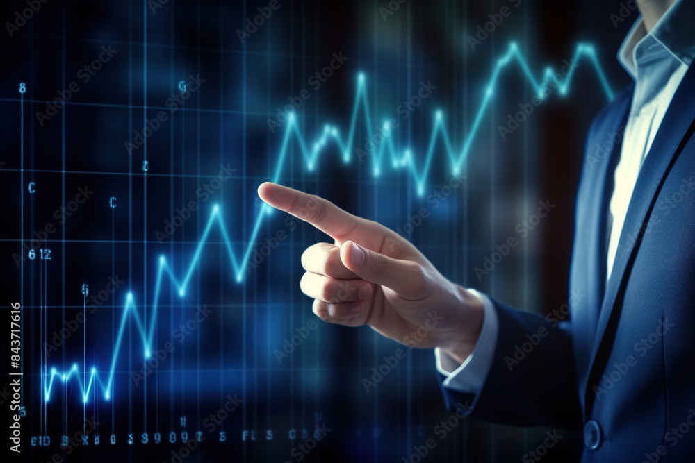 Hand pointing at glowing financial chart Hand pointing at glowing financial chart