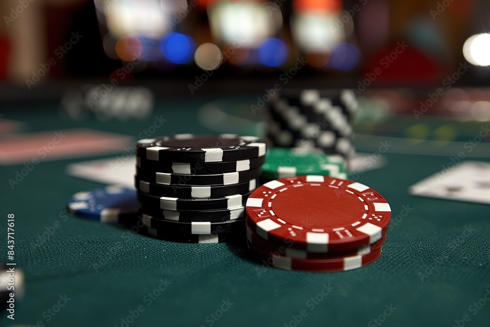 Poker chips on green casino table Poker chips on green casino table