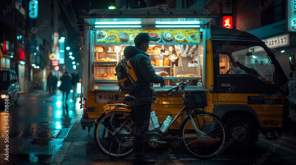 Obraz premium Man Ordering Food From a Food Truck in a Nighttime City Setting