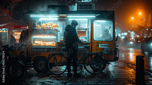 Man Buying Food From Street Vendor On Rainy Night In City