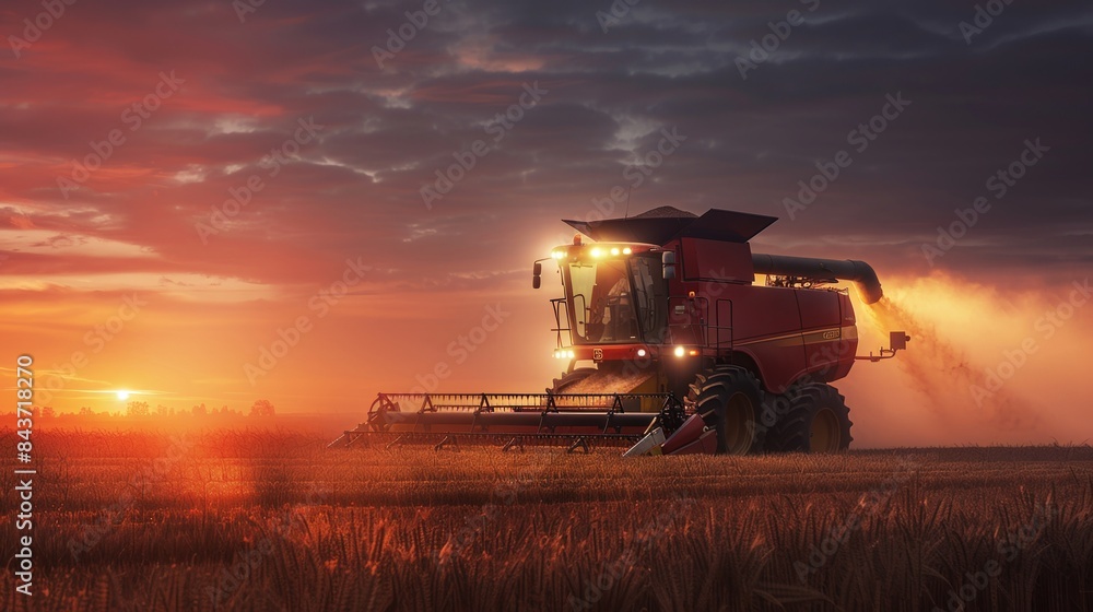 Fototapeta premium Combine harvester machine working in wheat field farm land at night.
