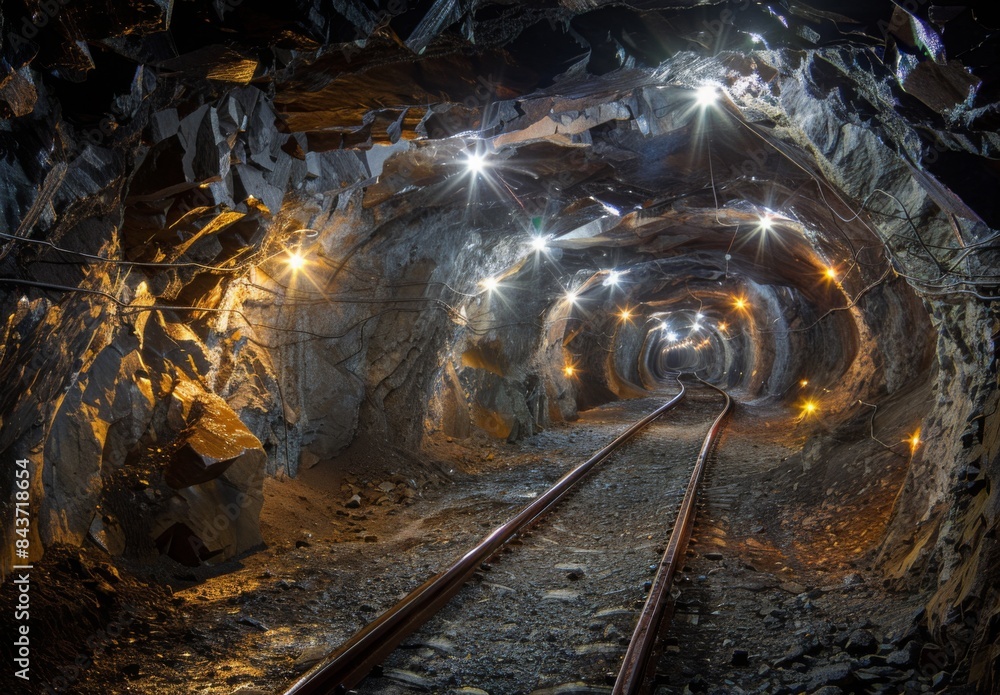Naklejka premium A network of underground mining tunnels illuminated by bright lights, showcasing the rocky walls and mineral veins