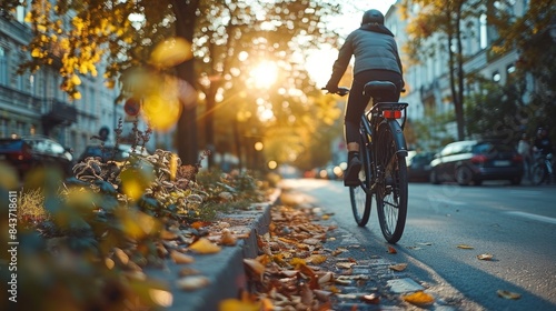A cyclist enjoys a ride in a city with autumn foliage, during the golden hour