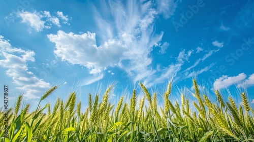 green young wheat ear with blue sky in field