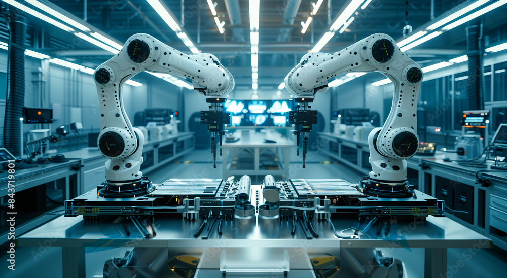 A wide shot of two robotic arms in an industrial factory working together to create new technology products, set against the backdrop of advanced software development and AI industry innovation. A wide shot of two robotic arms in an industrial factory working together to create new technology products, set against the backdrop of advanced software development and AI industry innovation.