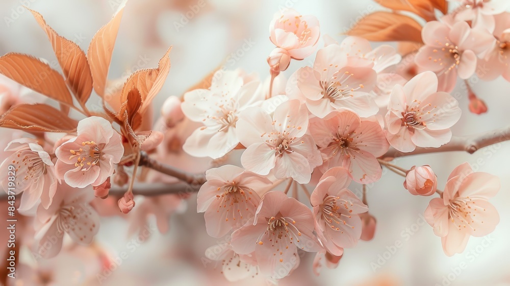 A close-up shot of a blooming cherry blossom branch, highlighting the delicate pink petals and the soft texture of the leaves A close-up shot of a blooming cherry blossom branch, highlighting the delicate pink petals and the soft texture of the leaves