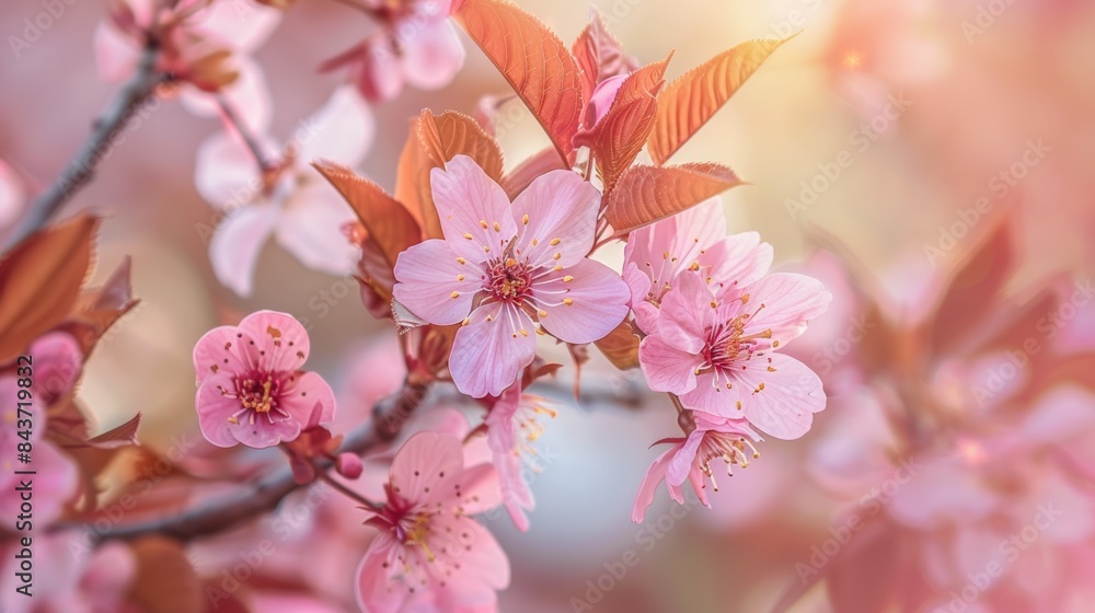Obraz premium A close-up shot of a blooming cherry blossom branch, highlighting the delicate pink petals and the soft texture of the leaves