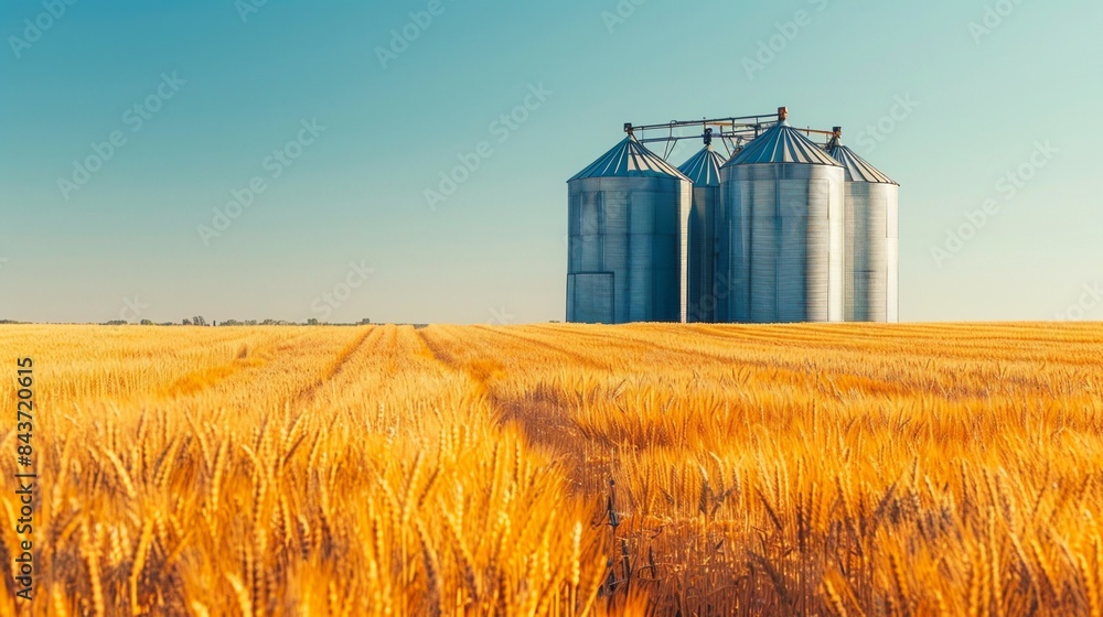 Silo over wheat field in farm land. Silo over wheat field in farm land.