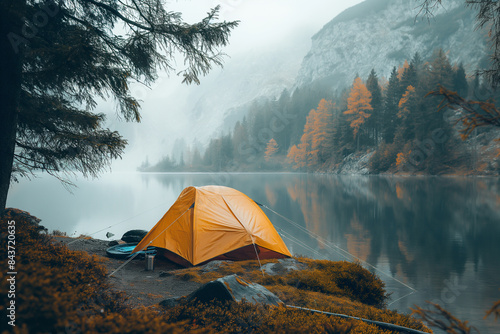 Camping tent on the shore of a mountain lake in the morning mist View of the tent from the side