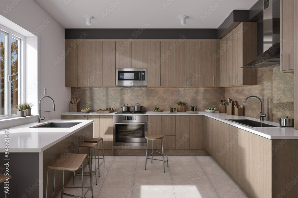 Fototapeta premium Scandinavian classic kitchen with wooden and white details, minimalistic interior design