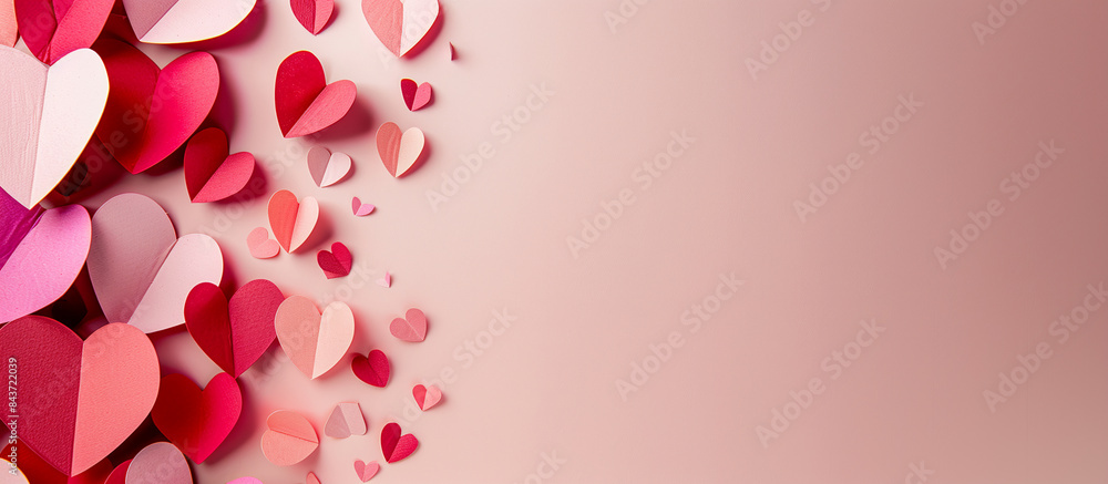 Overhead view of pink, red, white paper hearts of various sizes scattered on light pink surface. Copy space Overhead view of pink, red, white paper hearts of various sizes scattered on light pink surface. Copy space