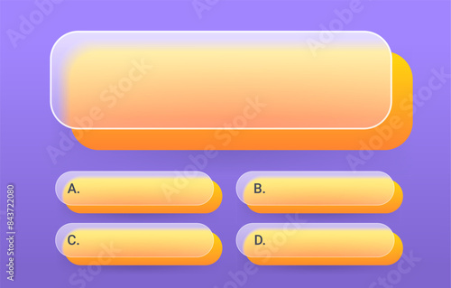 Glass morphism quiz game template on purple background. Answer and question vector illustration