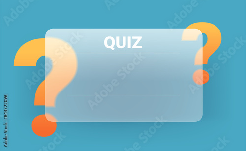 Glass morphism blank quiz game template on turquoise background. Copy space panel vector illustration