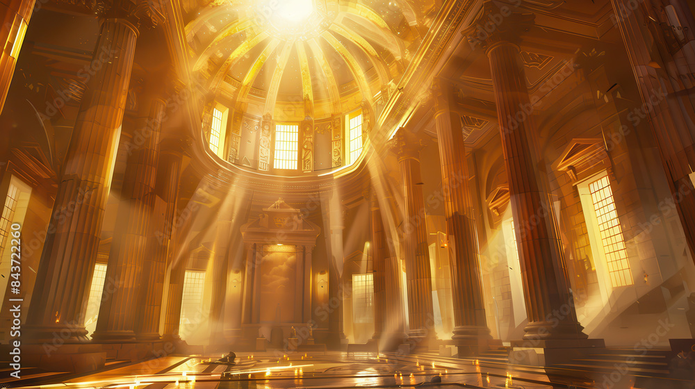 Obraz premium A golden room with a sun shining through the windows